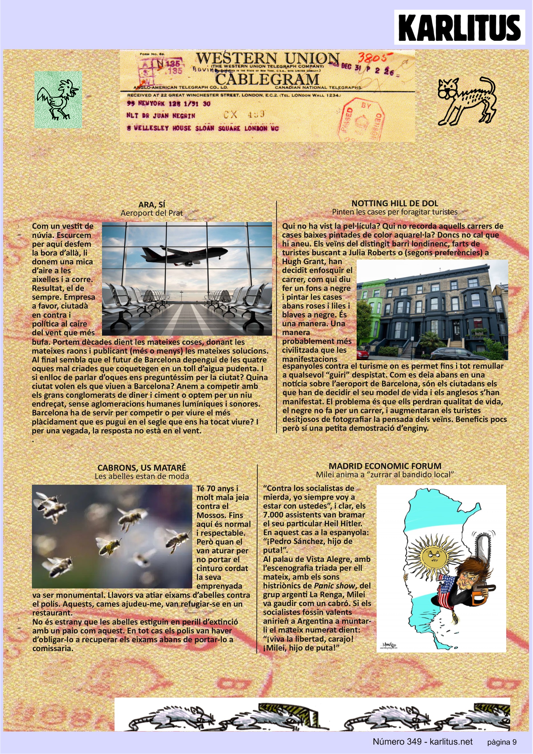 NOVENA PAGINA: EL CAT NEGRE
ARA, SÍ
Aeroport del Prat
Com un vestit de núvia. Escurcem per aquí desfem la bora d’allà, li donem una mica d’aire a les aixelles i a corre. Resultat, el de sempre. Empresa a favor, ciutadà en contra i política al caire del vent que més bufa. Portem dècades dient les mateixes coses, donant les mateixes raons i publicant (més o menys) les mateixes solucions. Al final sembla que el futur de Barcelona depengui de les quatre oques mal criades que coquetegen en un toll d’aigua pudenta. I si enlloc de parlar d’oques ens preguntéssim per la ciutat? Quina ciutat volen els que viuen a Barcelona? Anem a competir amb els grans conglomerats de diner i ciment o optem per un niu endreçat, sense aglomeracions humanes lumíniques i sonores. Barcelona ha de servir per competir o per viure el més plàcidament que es pugui en el segle que ens ha tocat viure? I per una vegada, la resposta no està en el vent.
NOTTING HILL DE DOL
Pinten les cases per foragitar turistes
Qui no ha vist la pel·lícula? Qui no recorda aquells carrers de cases baixes pintades de color aquarel·la? Doncs no cal que hi aneu. Els veïns del distingit barri londinenc, farts de turistes buscant a Julia Roberts o (segons preferències) a Hugh Grant, han decidit enfosquir el carrer, com qui diu fer un fons a negre i pintar les cases abans roses i liles i blaves a negre. És una manera. Una manera probablement més civilitzada que les manifestacions espanyoles contra el turisme on es permet fins i tot remullar a qualsevol “guiri” despistat. Com es deia abans en una notícia sobre l’aeroport de Barcelona, són els ciutadans els que han de decidir el seu model de vida i els anglesos s’han manifestat. El problema és que ells perdran qualitat de vida, el negre no fa per un carrer, i augmentaran els turistes desitjosos de fotografiar la pensada dels veïns. Beneficis pocs però sí una petita demostració d’enginy.
CABRONS, US MATARÉ
Les abelles estan de moda
Té 70 anys i molt mala jeia contra el Mossos. Fins aquí és normal i respectable. Però quan el van aturar per no portar el cinturo cordat la seva emprenyada va ser monumental. Llavors va atiar eixams d’abelles contra el polis. Aquests, cames ajudeu-me, van refugiar-se en un restaurant.
No és estrany que les abelles estiguin en perill d’extinció amb un paio com aquest. En tot cas els polis van haver d’obligar-lo a recuperar els eixams abans de portar-lo a comissaria.
MADRID ECONOMIC FORUM
Milei anima a “zurrar al bandido local”
“Contra los socialistas de mierda, yo siempre voy a estar con ustedes”, i clar, els 7.000 assistents van bramar el seu particular Heil Hitler. En aquest cas a la espanyola: “¡Pedro Sánchez, hijo de puta!”.
Al palau de Vista Alegre, amb l’escenografia triada per ell mateix, amb els sons histriònics de Panic show, del grup argenti La Renga, Milei va gaudir com un cabró. Si els socialistes fossin valents anirien a Argentina a muntar-li el mateix numerat dient: “¡viva la libertad, carajo! ¡Milei, hijo de puta!”.