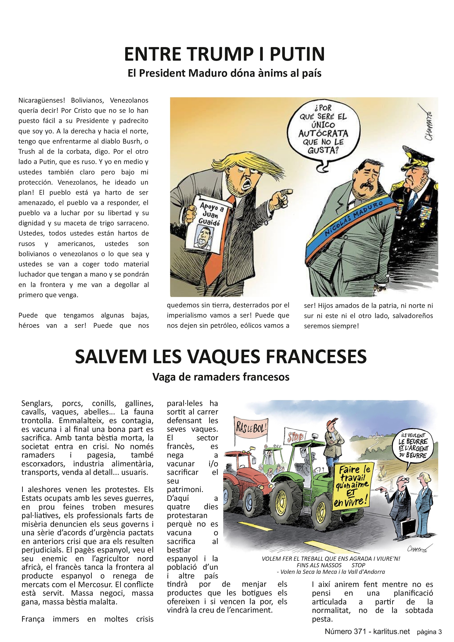 TERCERA PÀGINA
ENTRE TRUMP I PUTIN
El President Maduro dóna ànims al país
Nicaragüenses! Bolivianos, Venezolanos quería decir! Por Cristo que no se lo han puesto fácil a su Presidente y padrecito que soy yo. A la derecha y hacia el norte, tengo que enfrentarme al diablo Busrh, o Trush al de la corbata, digo. Por el otro lado a Putin, que es ruso. Y yo en medio y ustedes también claro pero bajo mi protección. Venezolanos, he ideado un plan! El pueblo está ya harto de ser amenazado, el pueblo va a responder, el pueblo va a luchar por su libertad y su dignidad y su maceta de trigo sarraceno. Ustedes, todos ustedes están hartos de rusos y americanos, ustedes son bolivianos o venezolanos o lo que sea y ustedes se van a coger todo material luchador que tengan a mano y se pondrán en la frontera y me van a degollar al primero que venga.
Puede que tengamos algunas bajas, héroes van a ser! Puede que nos quedemos sin tierra, desterrados por el imperialismo vamos a ser! Puede que nos dejen sin petróleo, eólicos vamos a ser! Hijos amados de la patria, ni norte ni sur ni este ni el otro lado, salvadoreños seremos siempre!
SALVEM LES VAQUES FRANCESES
Vaga de ramaders francesos
Senglars, porcs, conills, gallines, cavalls, vaques, abelles... La fauna trontolla. Emmalalteix, es contagia, es vacuna i al final una bona part es sacrifica. Amb tanta bèstia morta, la societat entra en crisi. No només ramaders i pagesia, també escorxadors, industria alimentària, transports, venda al detall... usuaris.
I aleshores venen les protestes. Els Estats ocupats amb les seves guerres, en prou feines troben mesures pal·liatives, els professionals farts de misèria denuncien els seus governs i una sèrie d’acords d’urgència pactats en anteriors crisi que ara els resulten perjudicials. El pagès espanyol, veu el seu enemic en l’agricultor nord africà, el francès tanca la frontera al producte espanyol o renega de mercats com el Mercosur. El conflicte està servit. Massa negoci, massa gana, massa bèstia malalta.
França immers en moltes crisis paral·leles ha sortit al carrer defensant les seves vaques. El sector francès, es nega a vacunar i/o sacrificar el seu patrimoni. D’aquí a quatre dies protestaran perquè no es vacuna o sacrifica al bestiar espanyol i la població d’un i altre país tindrà por de menjar els productes que les botigues els ofereixen i si vencen la por, els vindrà la creu de l’encariment.
I així anirem fent mentre no es pensi en una planificació articulada a partir de la normalitat, no de la sobtada pesta.